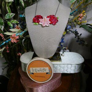 Erstwilder Ticked Pink Roses and Hibiscus Flower Necklace with Original Box